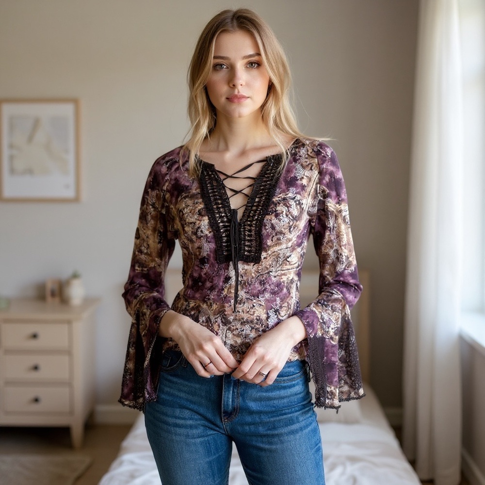 Sharagano Made In France Purple Lace-Up Blouse - Picture 9 of 9